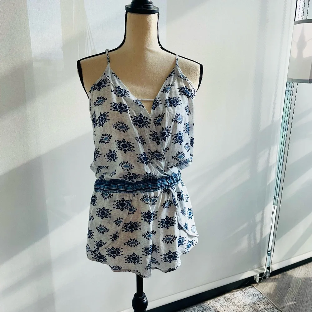 Ocean Drive White and Blue Floral Romper with Tie Waist - Picture 1 of 5